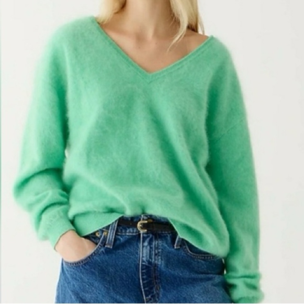 J. Crew Mint Green Brushed 100% Cashmere V-Neck Knit Sweater XL